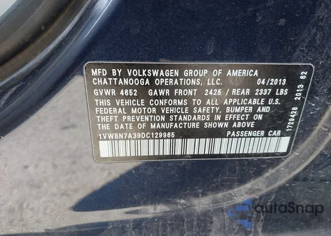 2013 Volkswagen Passat 2.0L Tdi Se из США, поврежденный, VIN 1VWBN7A39DC129965